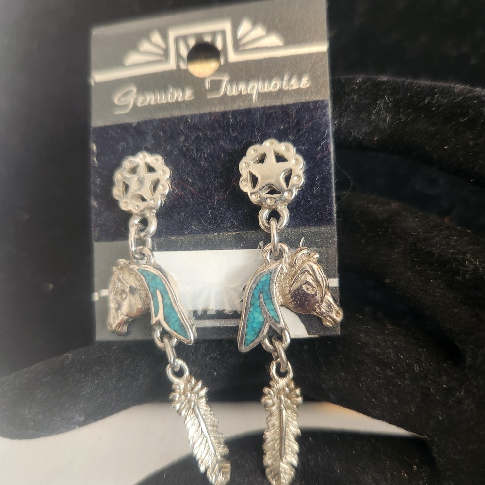 Genuine Turquoise Horse Head Feather Dangle Earrings Silver Tone Western Star